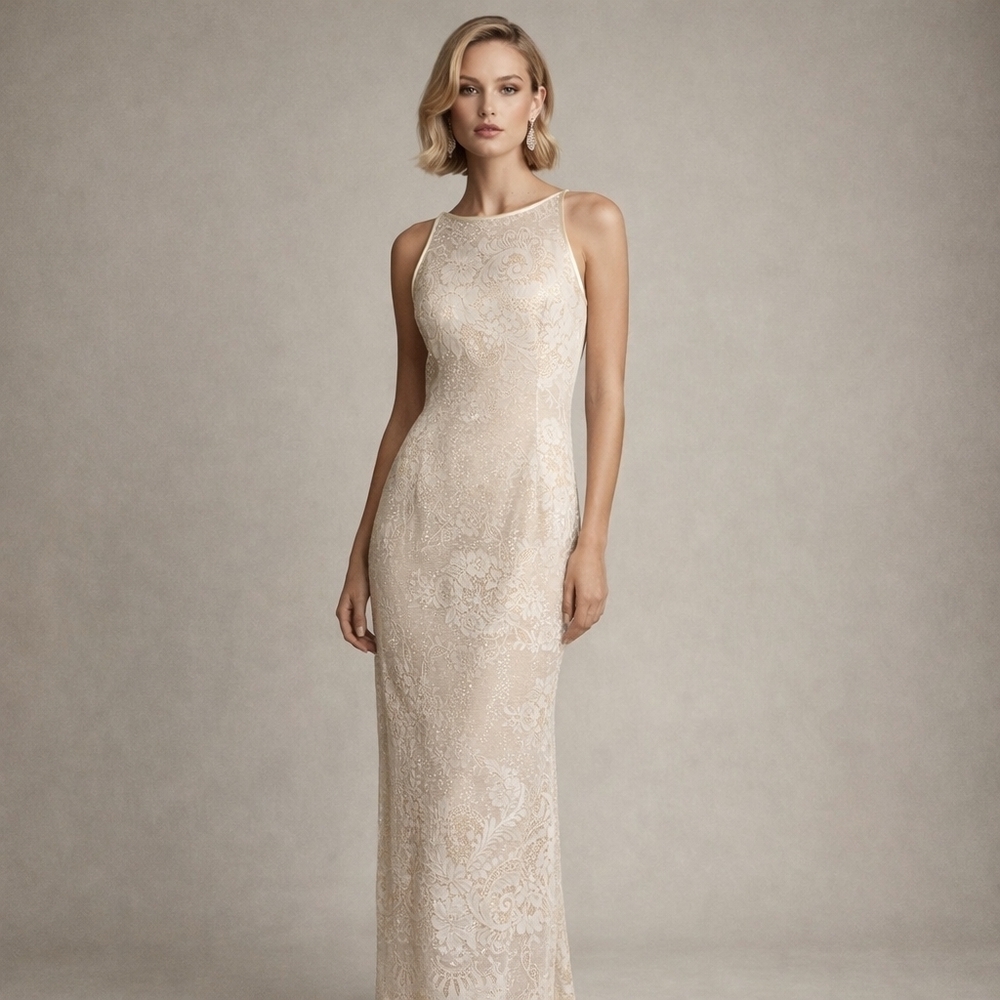 VTG 90s McClintock Cream Fluid Sequin Lace Overlay Prom Party Event Wedding Gown